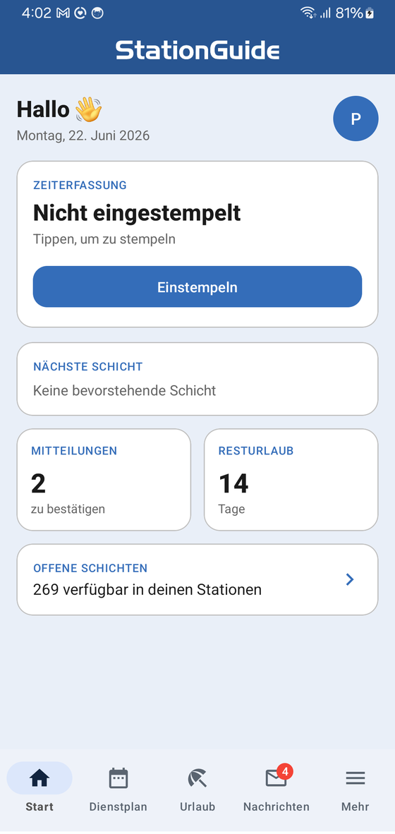 StationGuide Mitarbeiter-App: Startbildschirm