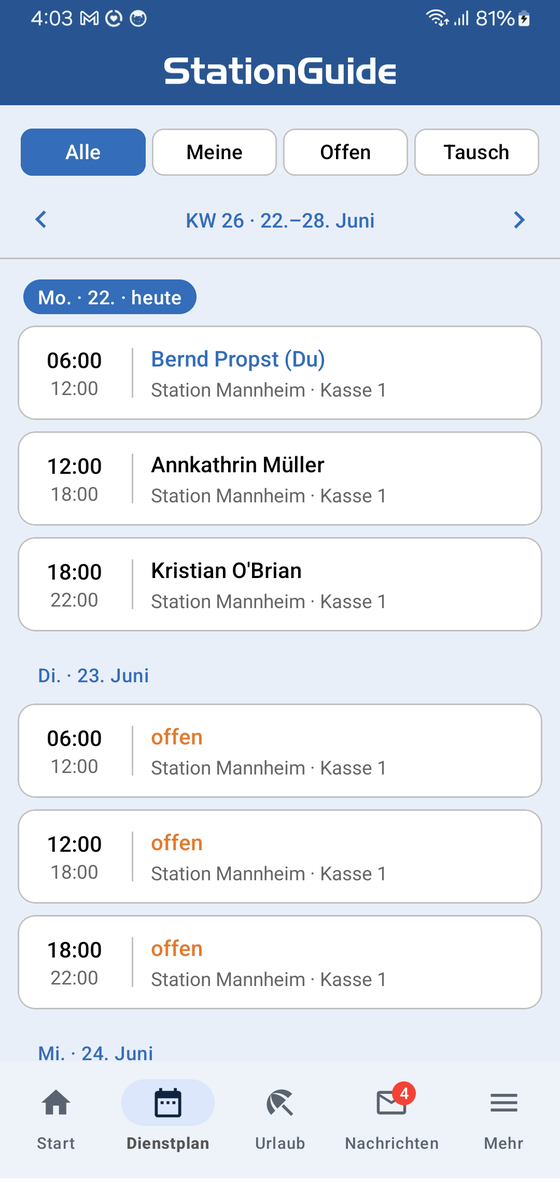 StationGuide Mitarbeiter-App: Dienstplan mit eigenen und offenen Schichten