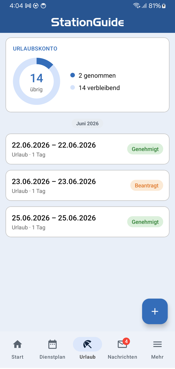 StationGuide Mitarbeiter-App: Urlaubskonto mit Anträgen