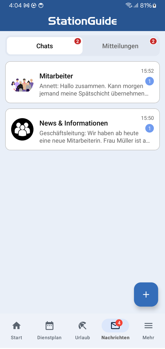 StationGuide Mitarbeiter-App: Chats und Mitteilungen
