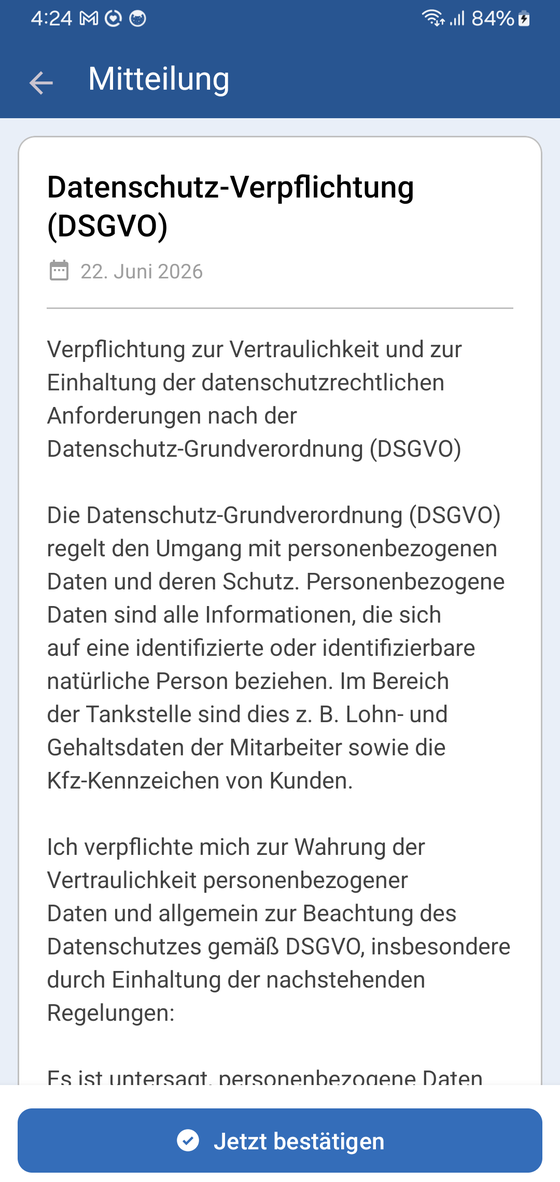 StationGuide Mitarbeiter-App: Mitteilung mit Bestätigung