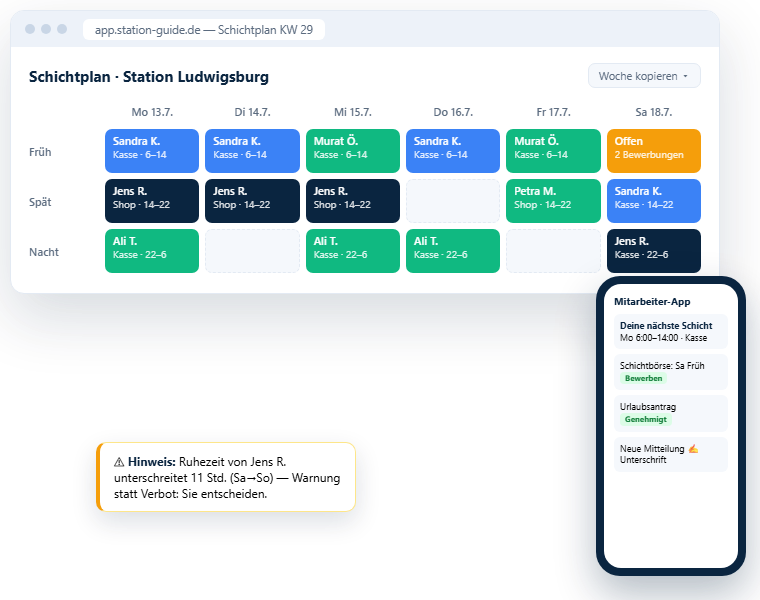 StationGuide Schichtplan: Wochenansicht mit Schichten, Ruhezeit-Hinweis und Mitarbeiter-App